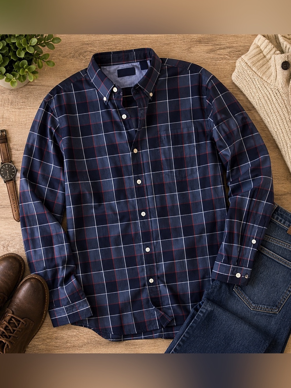 Chaps Men’s XXL Navy Plaid Easy Care Button Down Shirt Preppy Classic